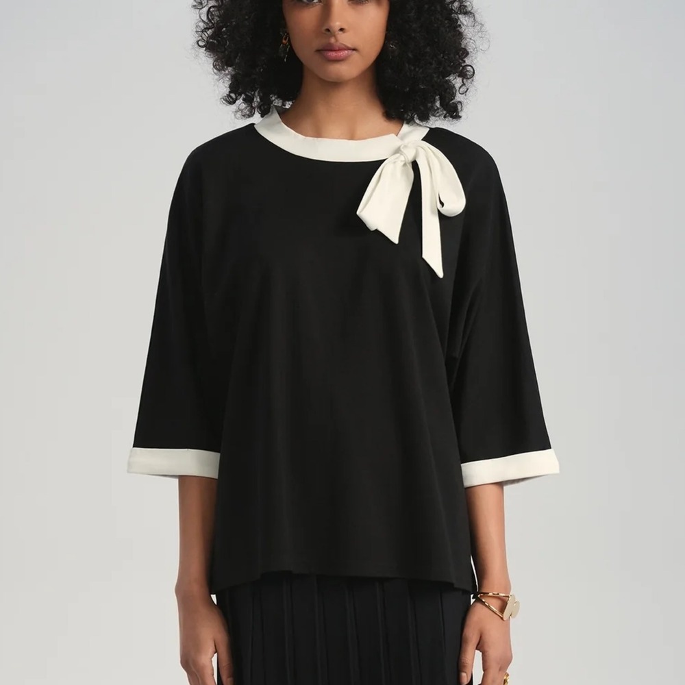 Aleeza Paris Clare Top Black Ivory Bow 3/4 Sleeve Blouse 4X NWT Parisian Chic
